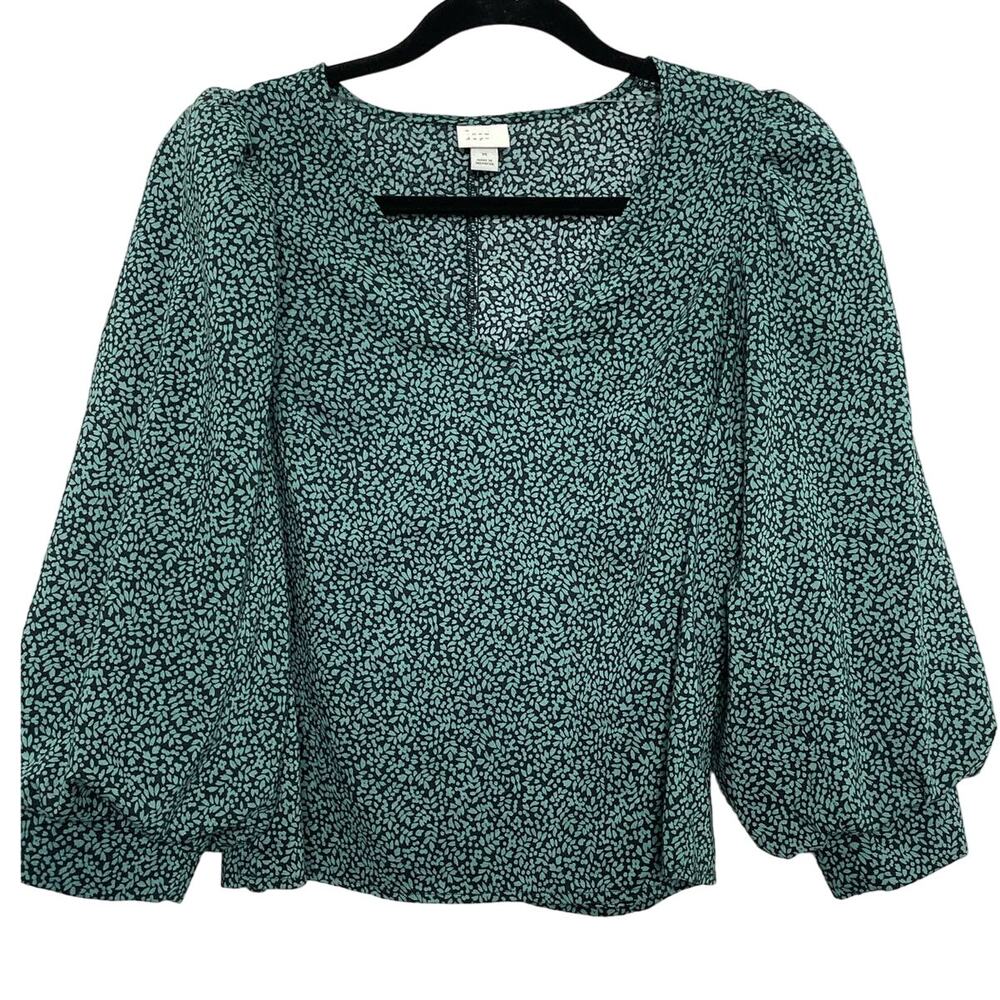 A New Day Blouse Bishop Long Sleeve Leaf Print V-Neck Top Green Black Medium‎